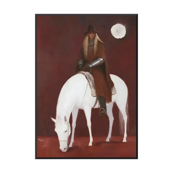 Deep red & white moonlit horseback rider minimalist painting MA08
