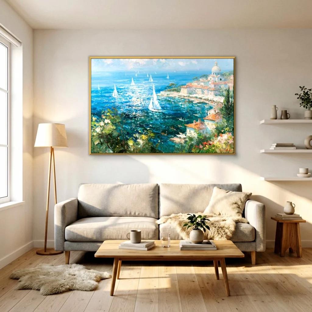 Gold-framed sailboat coastal town painting on a warm white living room wall above a light gray sofa with a plant on a wood coffee table, a floor lamp at left and floating shelves of ceramics at right.