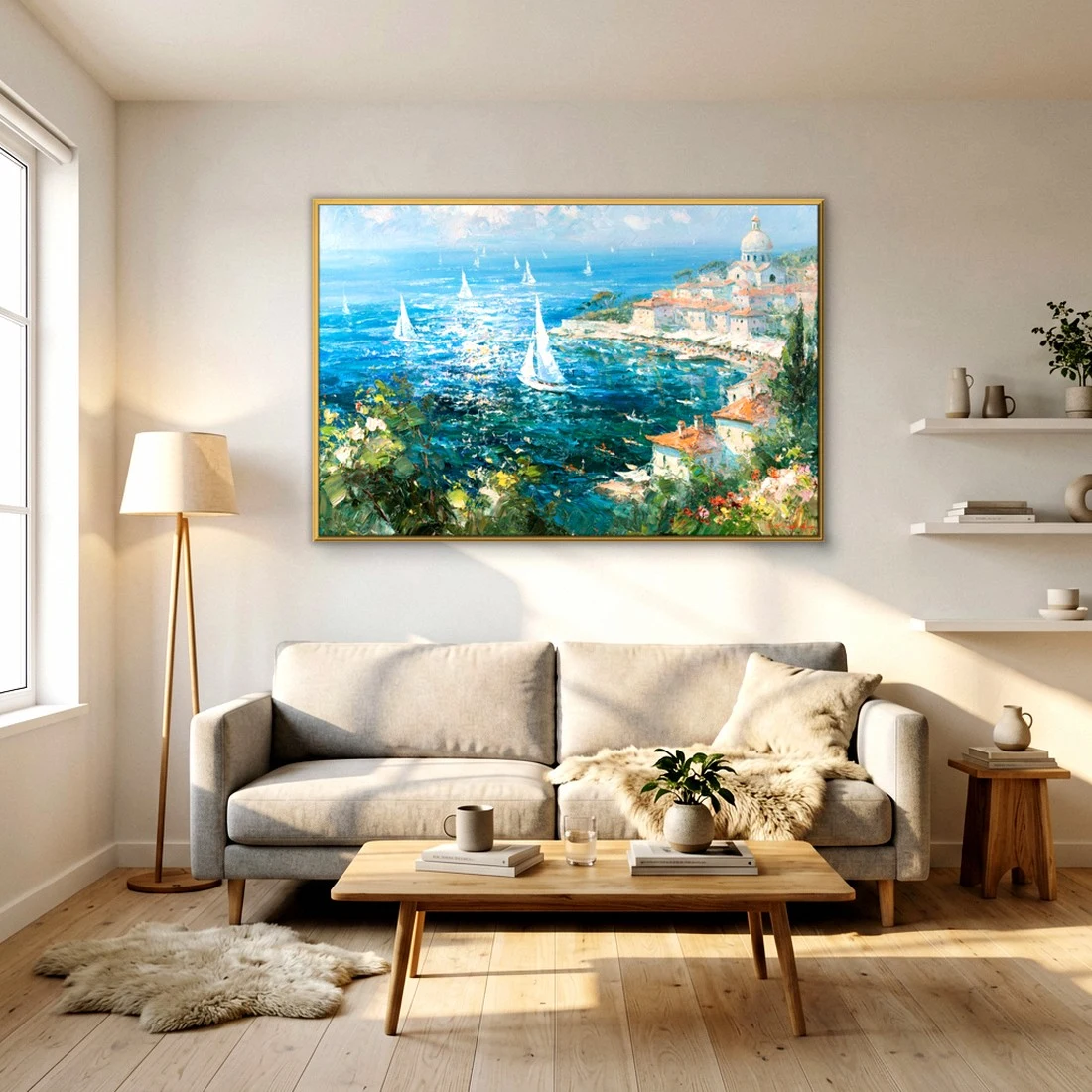 Gold-framed sailboat coastal town painting on a warm white living room wall above a light gray sofa with a plant on a wood coffee table.