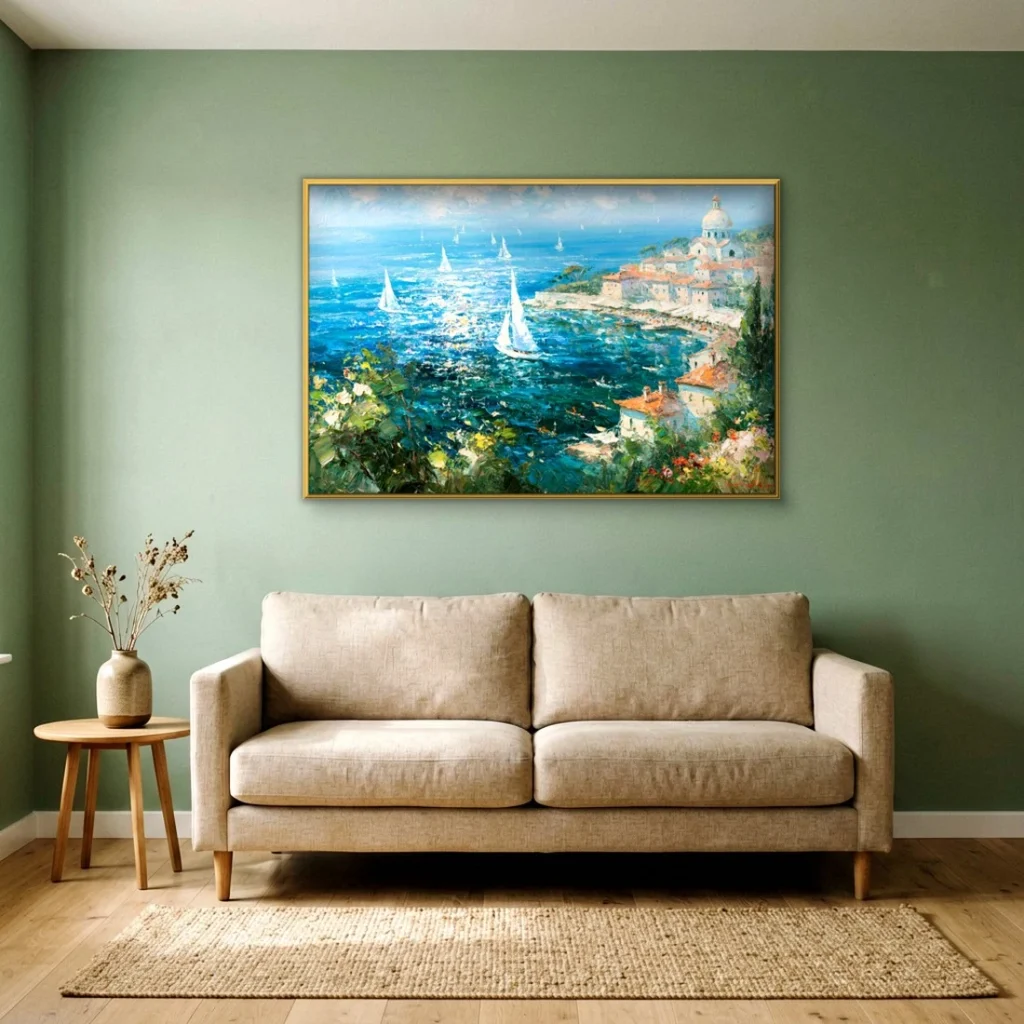 The same Mediterranean harbor canvas in a slim gold frame centered on a sage-green wall above a beige two-cushion sofa, a small round wood side table holding a vase of dried stems on wood flooring.