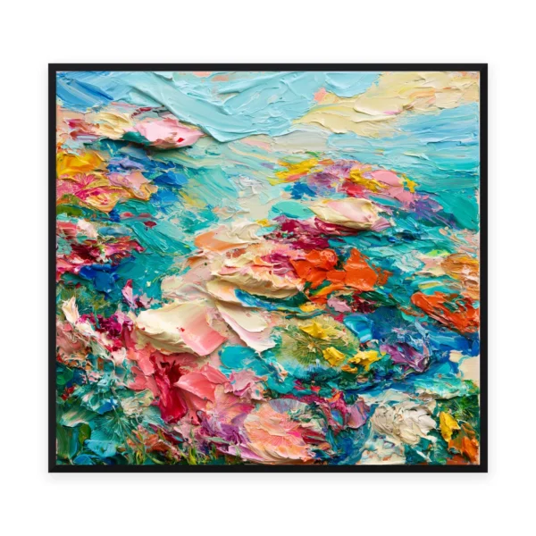 A large square heavily textured palette-knife painting of massed coastal flowers in red, pink and gold over turquoise Mediterranean water, the oil paint built into thick three-dimensional ridges