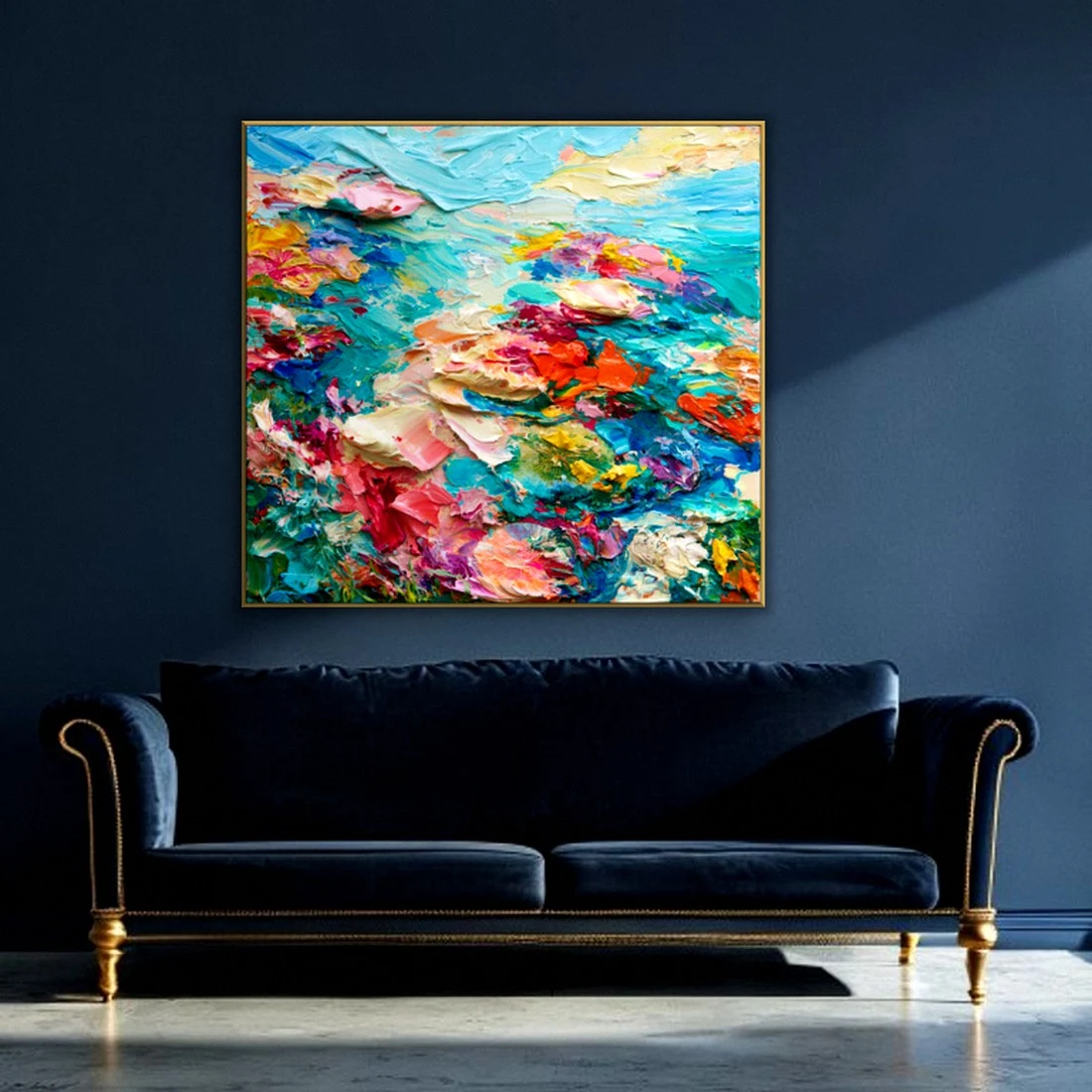 Heavy impasto Mediterranean bloom coast relief canvas in a moody living room