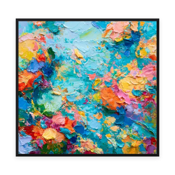 A large square heavily textured palette-knife painting of abstract coral, turquoise and gold flowers, the oil paint built into thick three-dimensional ridges that catch the light