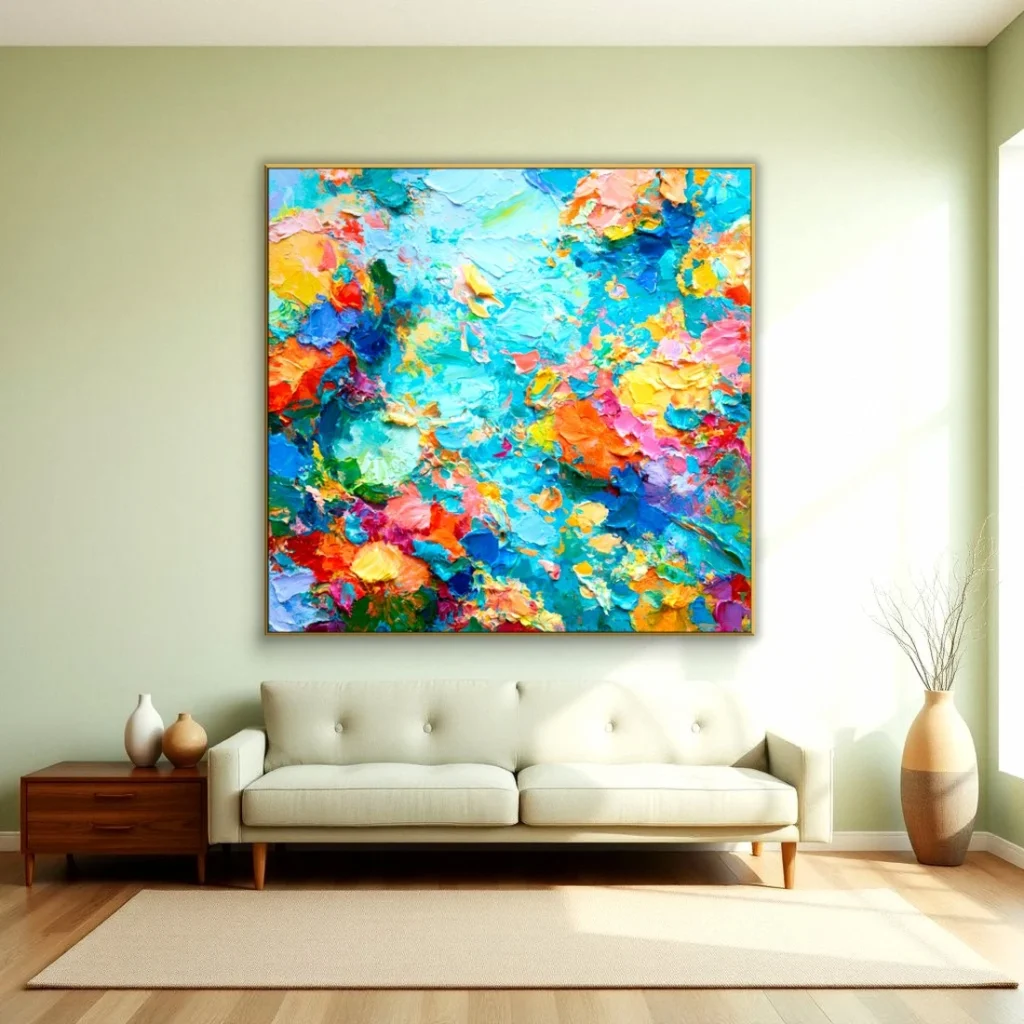 Heavy impasto abstract bloom relief canvas in a cozy living room