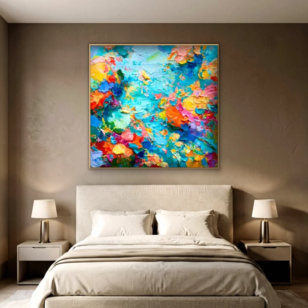 Heavy impasto abstract bloom relief canvas in an elegant bedroom