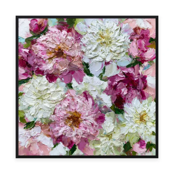 A large square heavily textured palette-knife painting of soft pink and white peonies, the petals built into thick three-dimensional ridges of oil paint with delicate light across the blooms