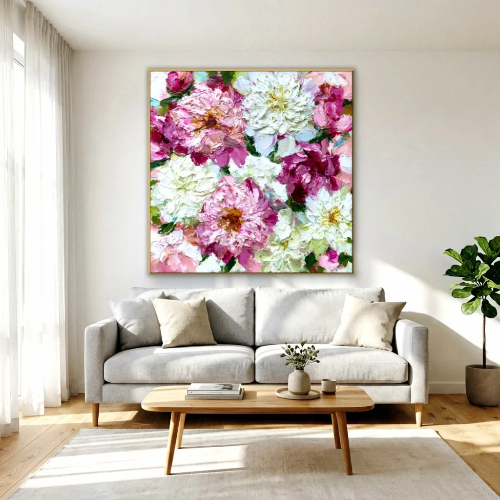 Heavy impasto peony bloom relief canvas in a bright living room