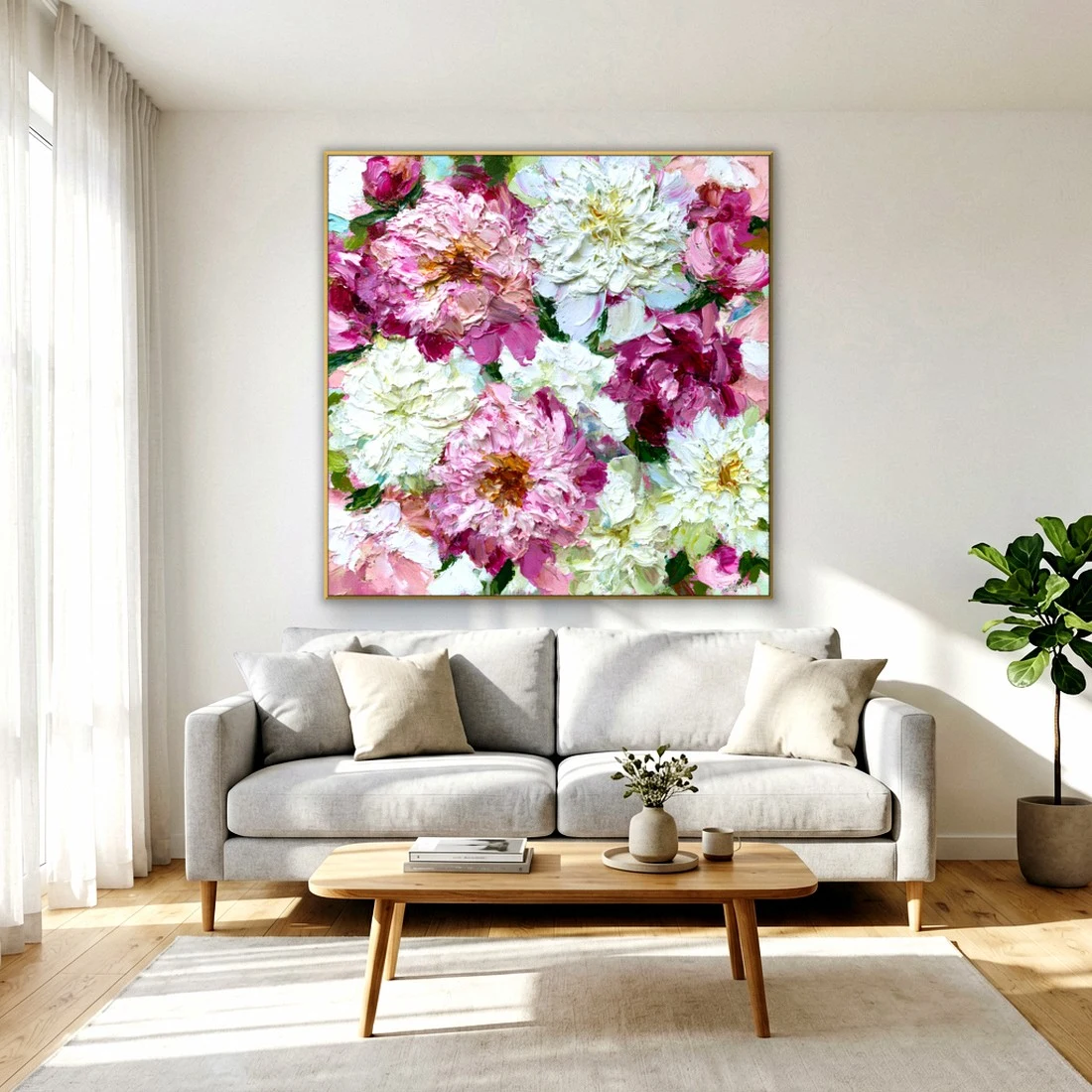 Heavy impasto peony bloom relief canvas in a bright living room