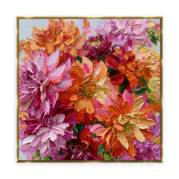 A large square heavily textured palette-knife painting of pink and orange dahlias, the layered petals built into thick three-dimensional ridges of oil paint with soft warm light