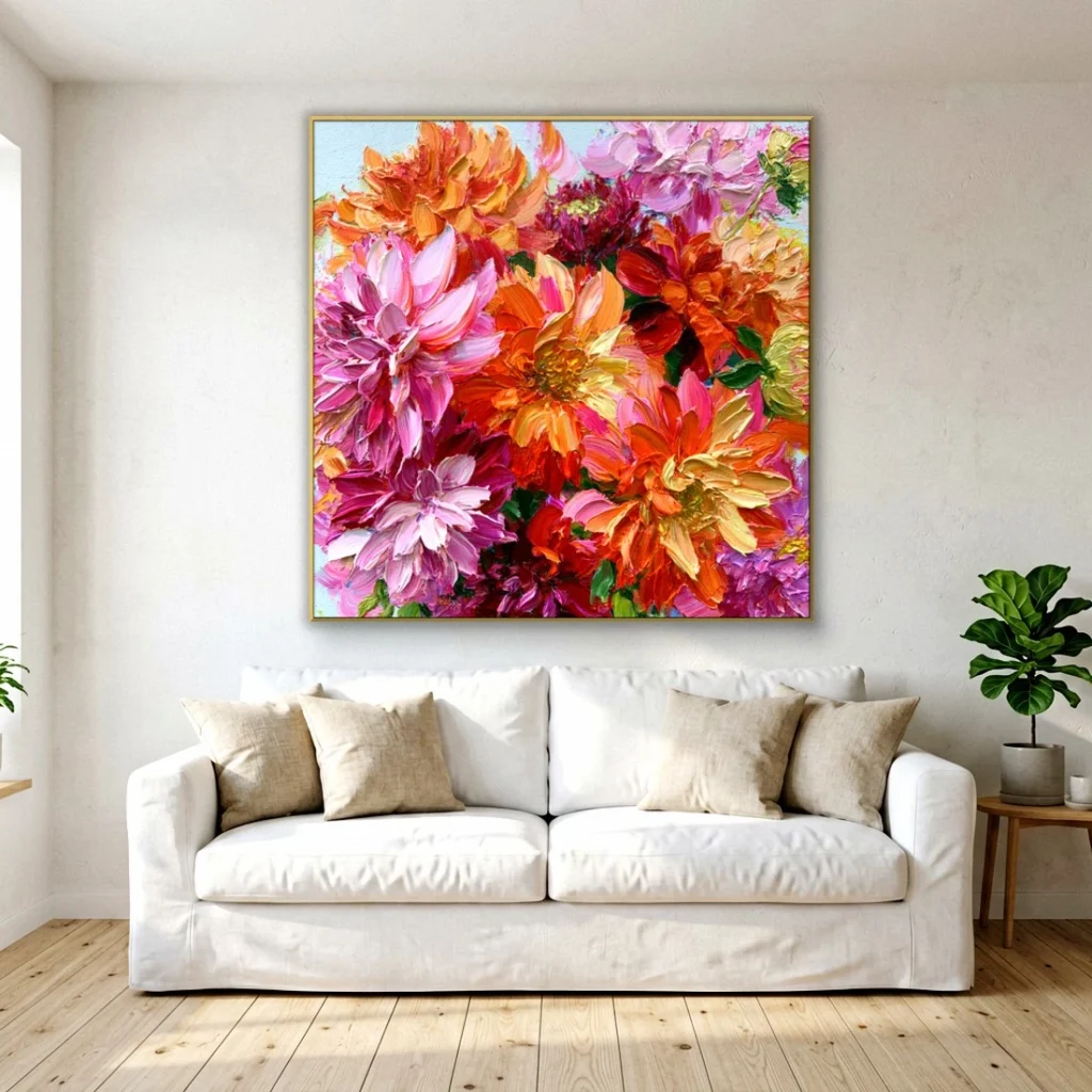 Heavy impasto pink dahlia relief canvas in a bright living room