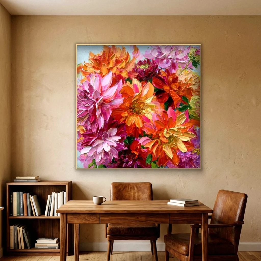 Heavy impasto pink dahlia relief canvas in a cozy home office
