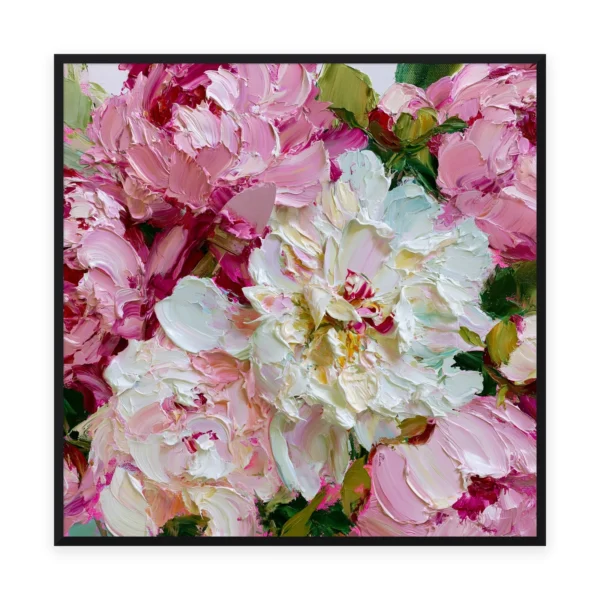 A large square heavily textured palette-knife painting of blush-pink and cream peonies, the soft petals built into thick three-dimensional ridges of oil paint with gentle light