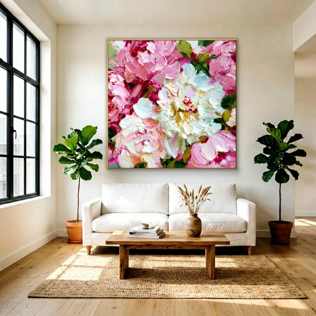 Heavy impasto blush peony relief canvas in a bright living room