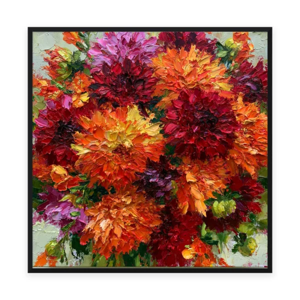 A large square heavily textured palette-knife painting of crimson, orange and gold dahlias, the deep layered petals built into thick three-dimensional ridges with dramatic light