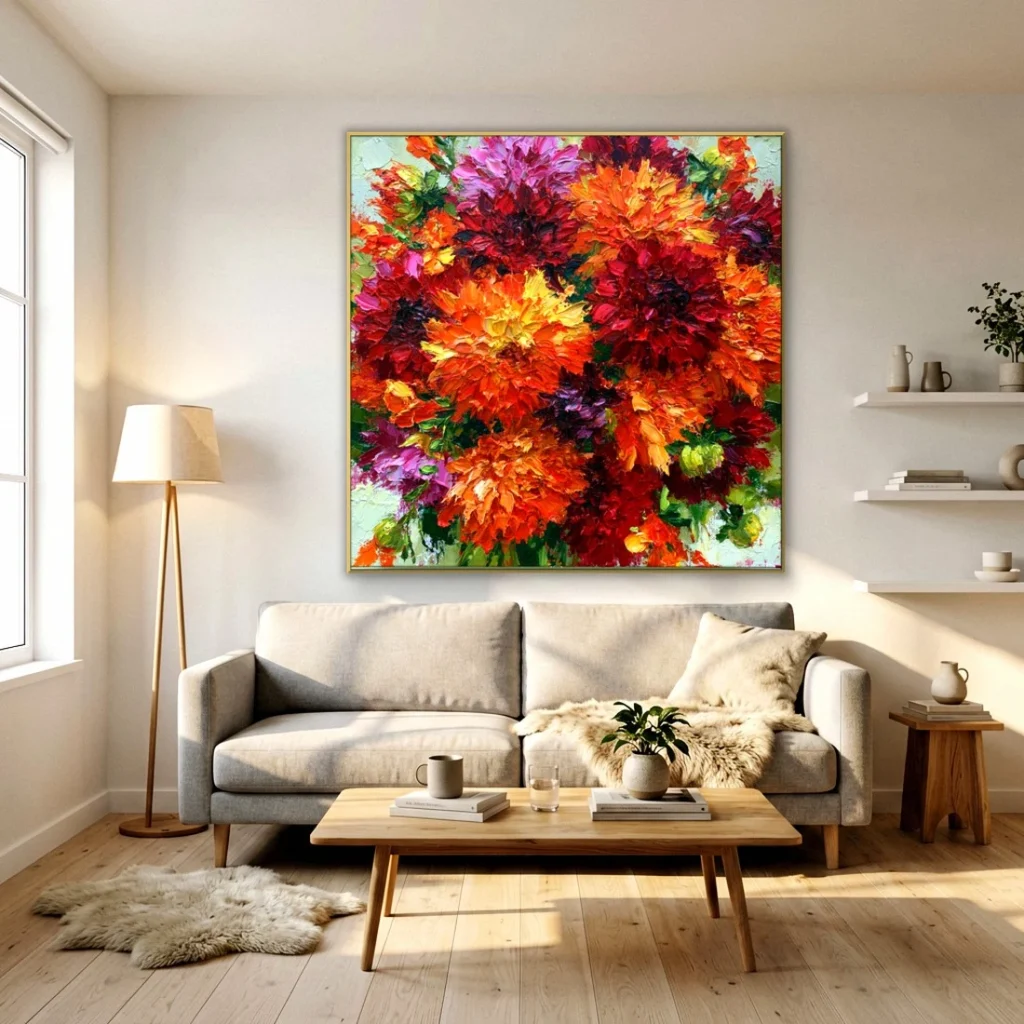 Heavy impasto crimson dahlia relief canvas in a bright living room