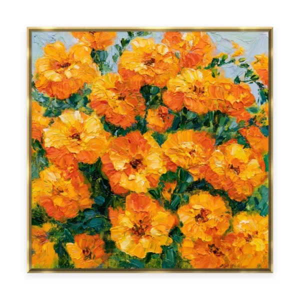 A large square heavily textured palette-knife painting of golden-orange marigolds, the ruffled petals built into thick three-dimensional ridges of oil paint with warm light