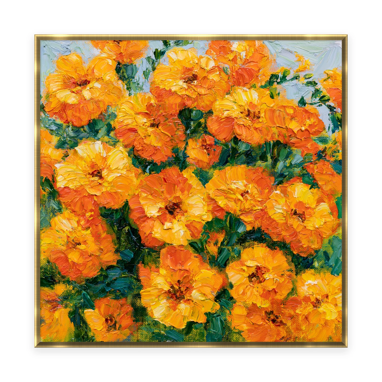 A large square heavily textured palette-knife painting of golden-orange marigolds, the ruffled petals built into thick three-dimensional ridges of paint with warm light