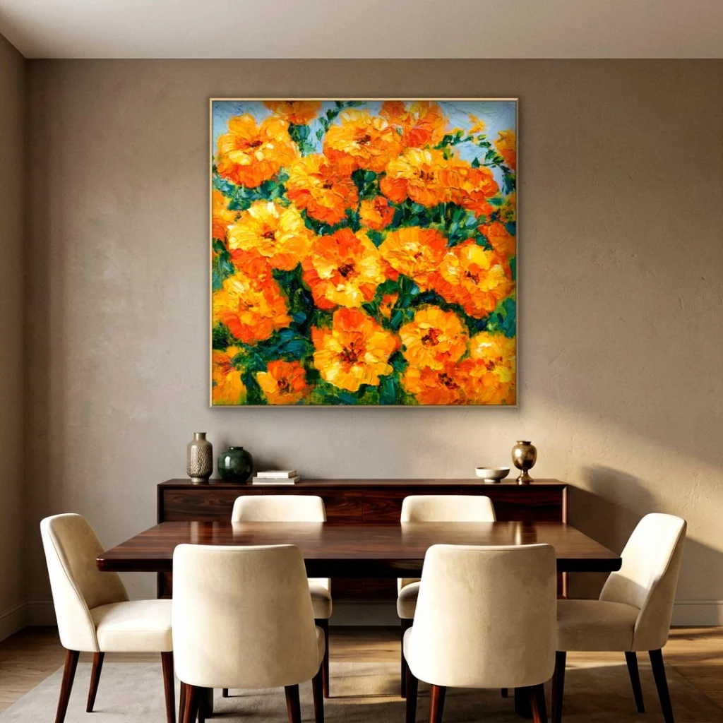 Heavy impasto golden marigold relief canvas in an elegant dining room
