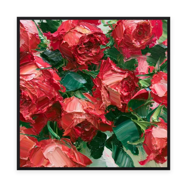 A large square heavily textured palette-knife painting of deep red roses among dark green leaves, the petals built into thick three-dimensional ridges of oil paint with rich light