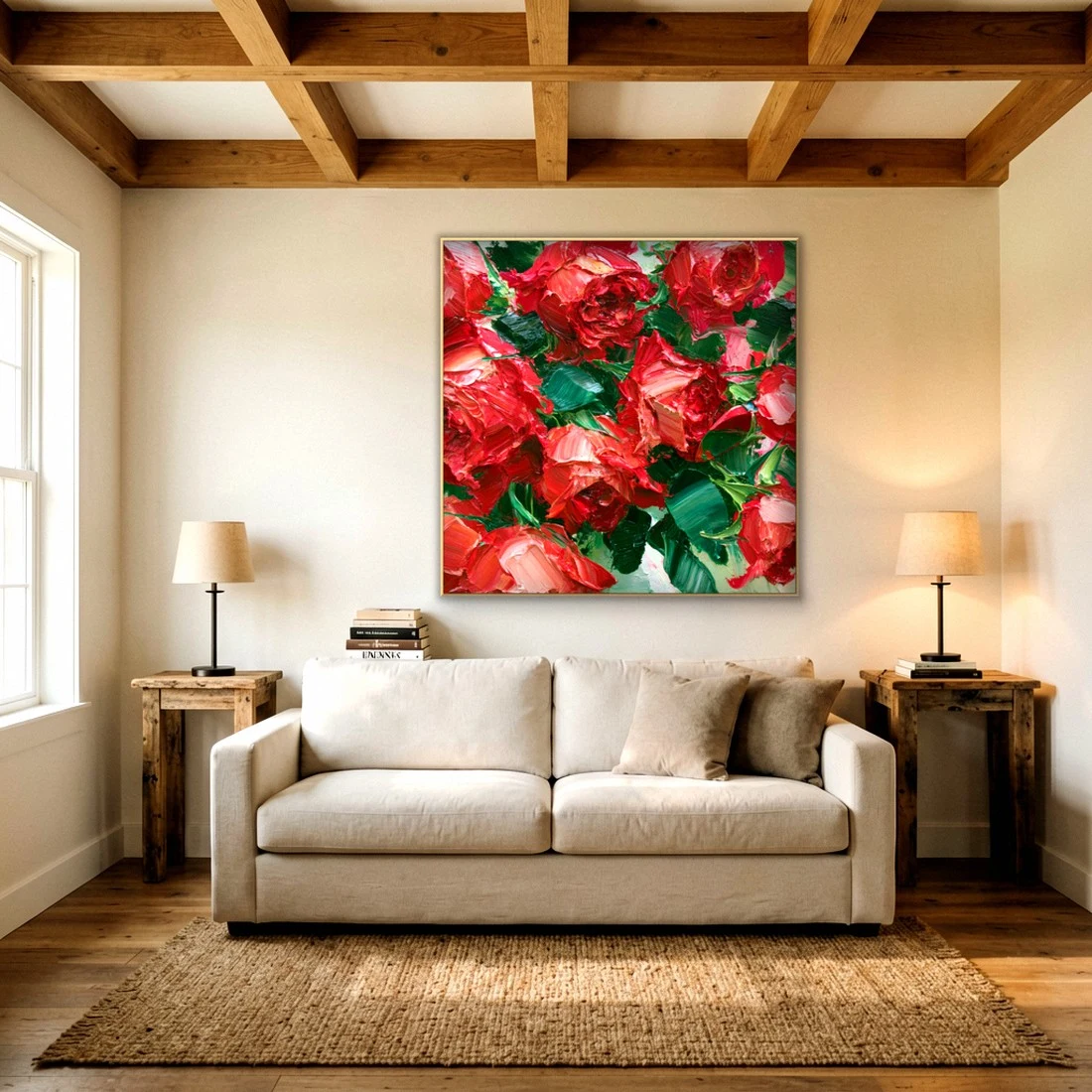 Heavy impasto red rose relief canvas in an elegant living room