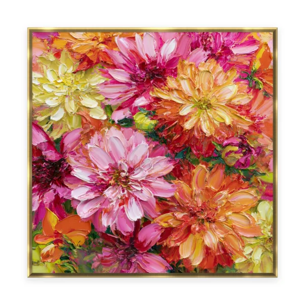A large square heavily textured palette-knife painting of massed pink and gold dahlias, the layered petals built into thick three-dimensional ridges of oil paint with warm light