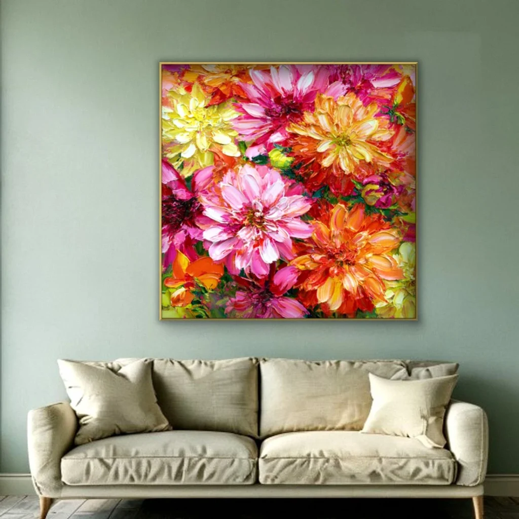 Heavy impasto pink gold dahlia relief canvas in a living room