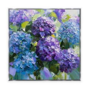 A large square heavily textured palette-knife painting of blue and purple hydrangeas, the clustered florets built into thick three-dimensional ridges of oil paint with cool soft light