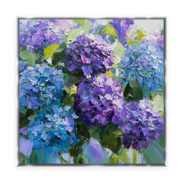 A large square heavily textured palette-knife painting of blue and purple hydrangeas, the clustered florets built into thick three-dimensional ridges of oil paint with cool soft light