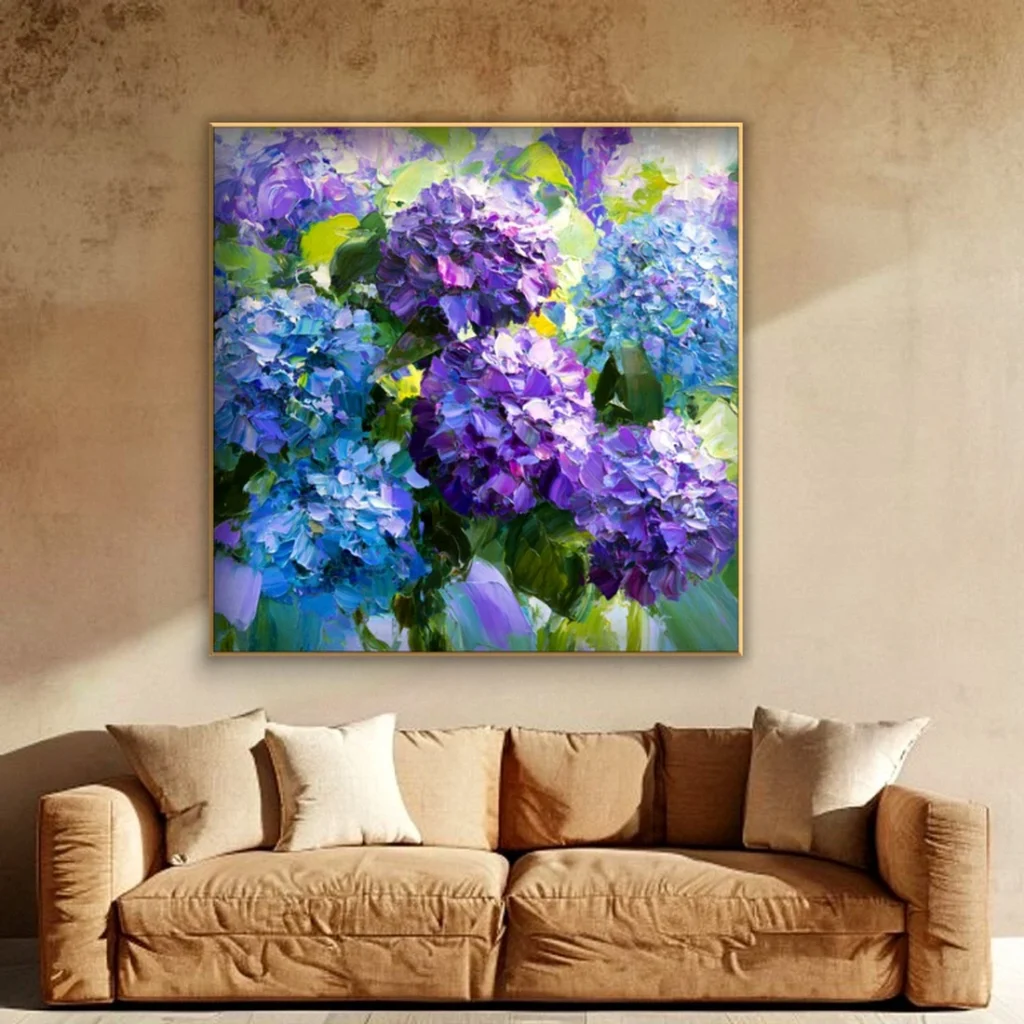 Heavy impasto blue hydrangea relief canvas in a cozy living room