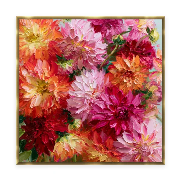 A large square heavily textured palette-knife painting of massed pink, coral and red dahlias, the layered petals built into thick three-dimensional ridges of oil paint with bright light