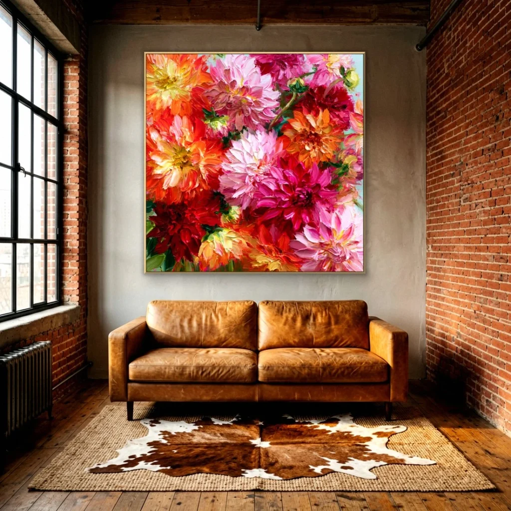 Heavy impasto pink coral dahlia relief canvas in an elegant living room