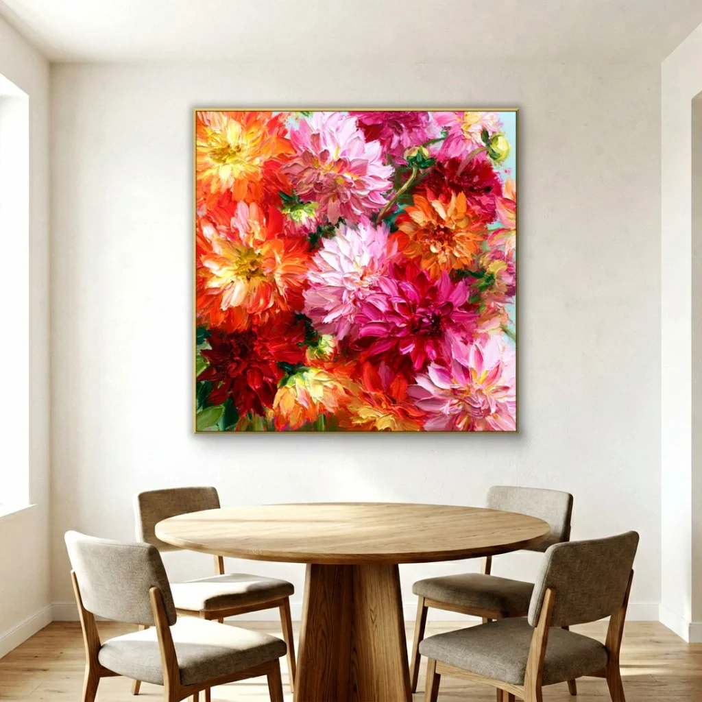 Heavy impasto pink coral dahlia relief canvas in a bright dining room
