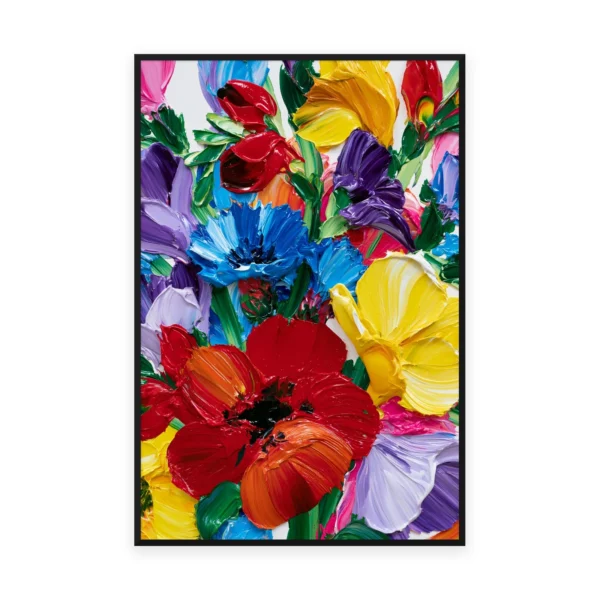 A large square heavily textured palette-knife painting of a bright mixed bouquet of red, blue, yellow and purple flowers, the bold petals built into thick three-dimensional ridges of oil paint