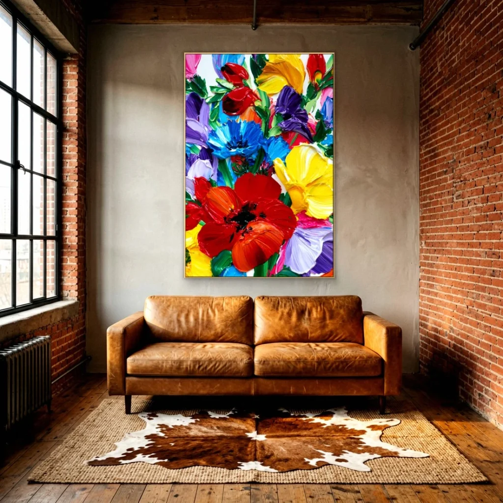 Heavy impasto bright bouquet relief canvas in an elegant living room
