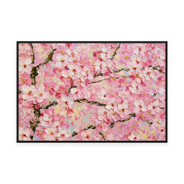 An oversized horizontal heavily textured palette-knife painting of pink cherry blossom branches, the massed petals built into thick three-dimensional ridges of oil paint with gentle light