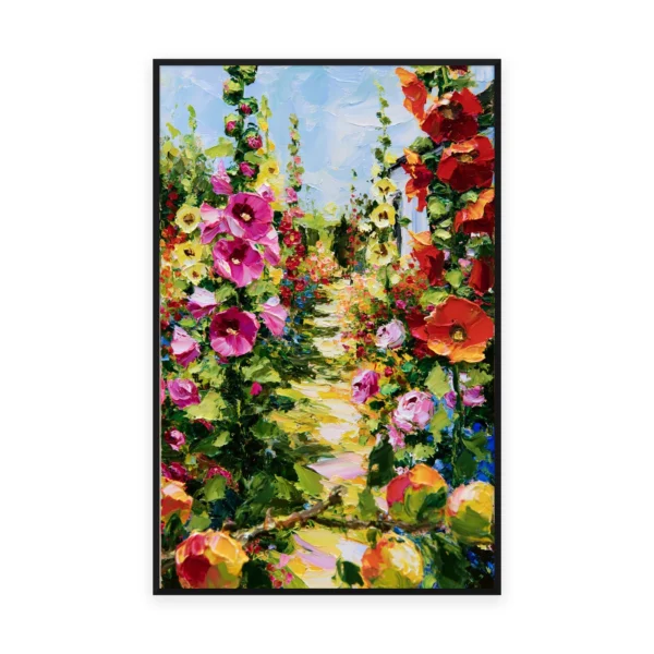 A tall vertical heavily textured palette-knife painting of pink, red and yellow hollyhocks lining a sunlit garden path, the tall flower spires built into thick three-dimensional ridges