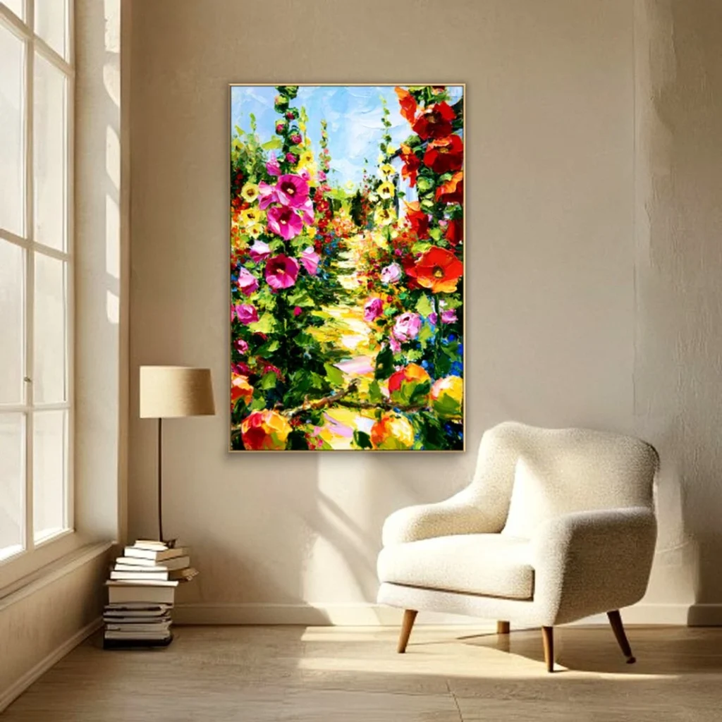 Heavy impasto hollyhock path relief canvas in a reading nook