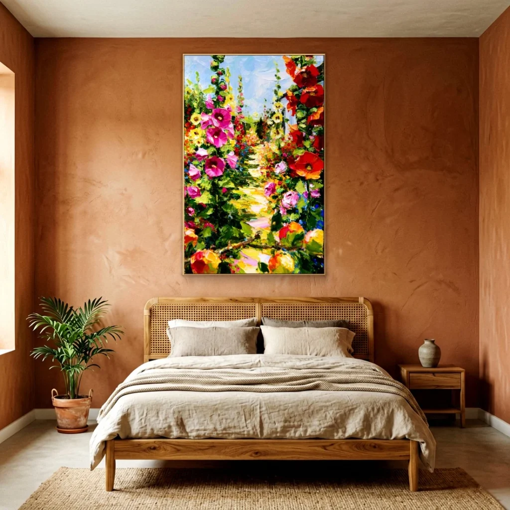 Heavy impasto hollyhock path relief canvas in a cozy bedroom