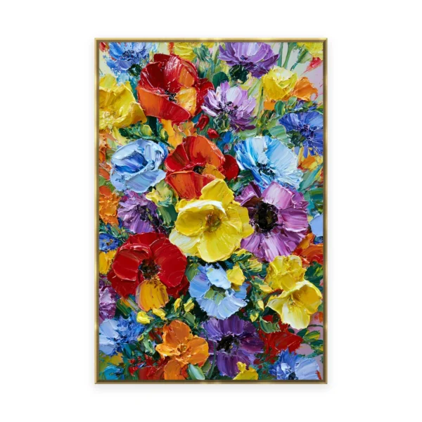 A tall vertical heavily textured palette-knife painting of a bright mixed bouquet of red, blue, yellow and purple flowers, the bold petals built into thick three-dimensional ridges