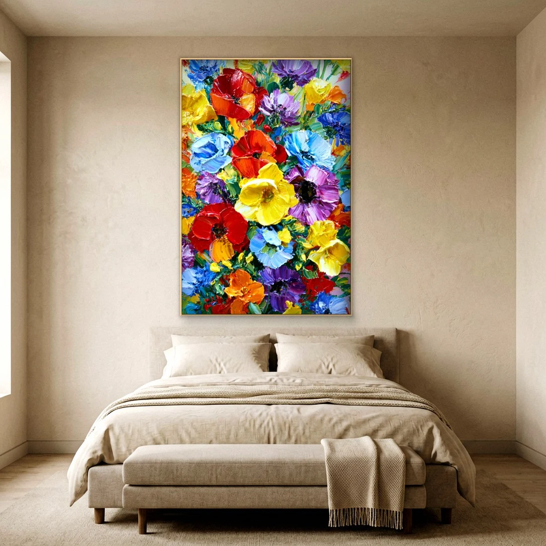 Heavy impasto bright bouquet relief canvas in a bedroom
