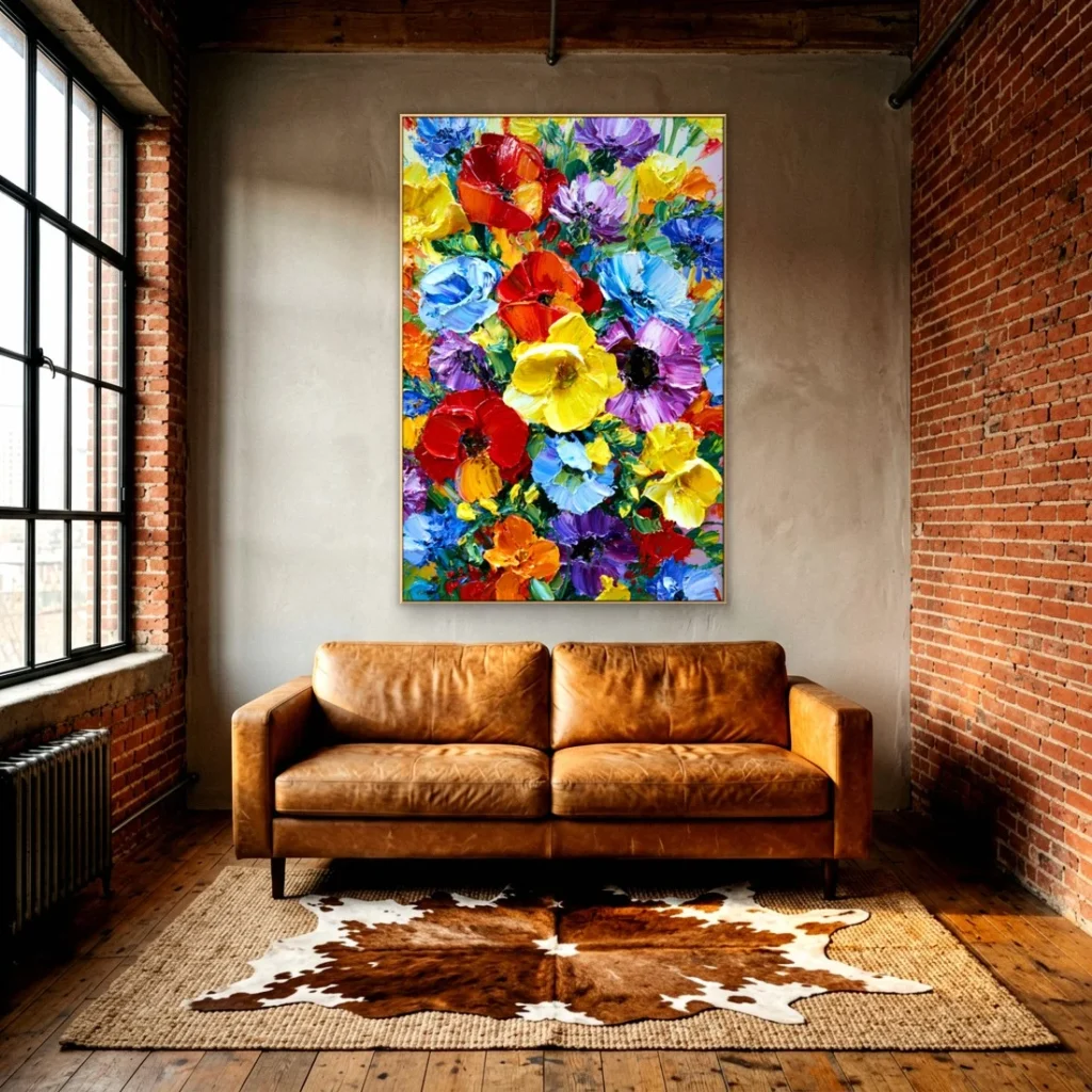 Heavy impasto bright bouquet relief canvas in an elegant living room