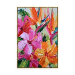 A tall vertical heavily textured palette-knife painting of pink hibiscus and orange bird-of-paradise flowers, the bold petals built into thick three-dimensional ridges of oil paint