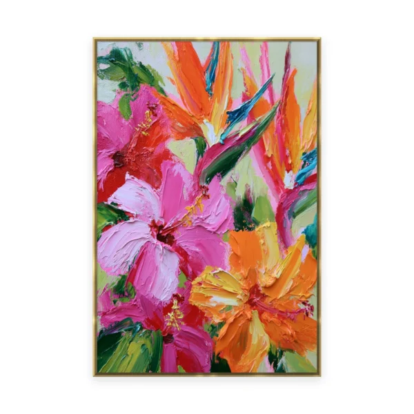 A tall vertical heavily textured palette-knife painting of pink hibiscus and orange bird-of-paradise flowers, the bold petals built into thick three-dimensional ridges of oil paint