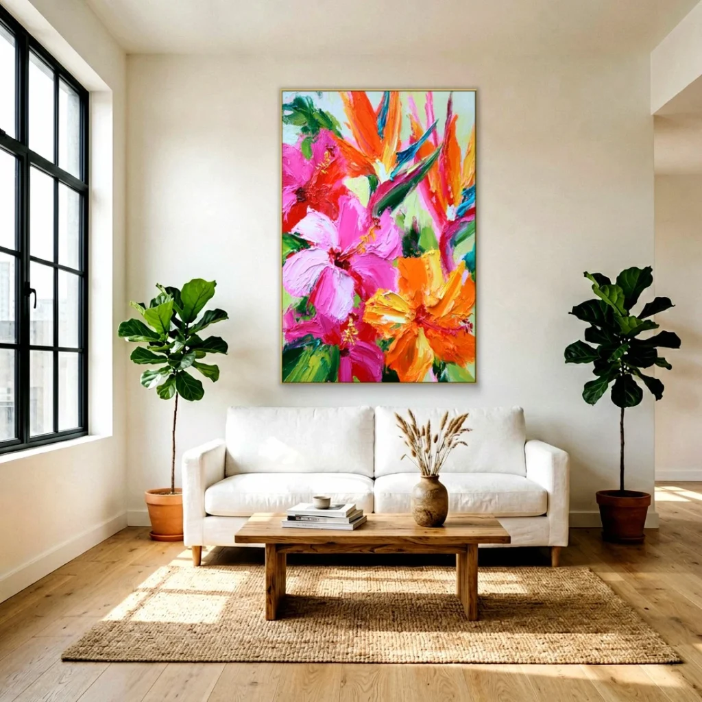 Heavy impasto pink hibiscus relief canvas in a bright living room