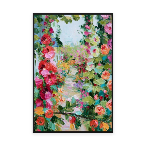 A tall vertical heavily textured palette-knife painting of red and pink hollyhocks and roses lining a garden path, the tall blooms built into thick three-dimensional ridges of oil paint