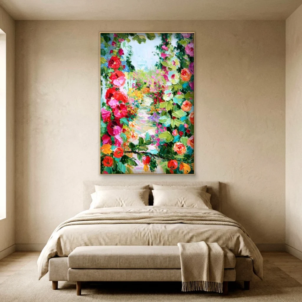 Heavy impasto rose hollyhock path relief in a bedroom
