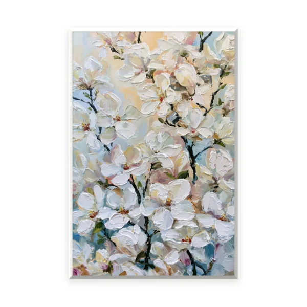A tall vertical heavily textured palette-knife painting of white cherry blossoms on dark branches, the massed petals built into thick three-dimensional ridges of oil paint with gentle light