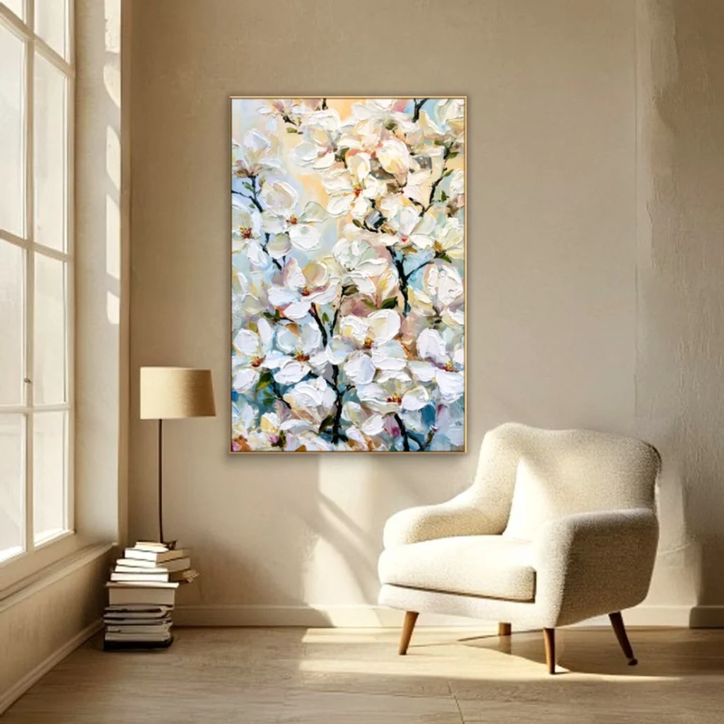 Heavy impasto white cherry blossom relief in a reading nook