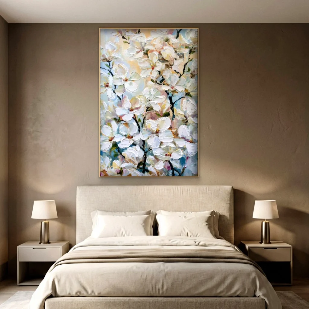 Heavy impasto white cherry blossom relief in an elegant bedroom