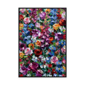 A tall vertical heavily textured palette-knife painting of a dense mix of pink, red, blue and purple flowers, the blooms built into thick three-dimensional ridges of oil paint